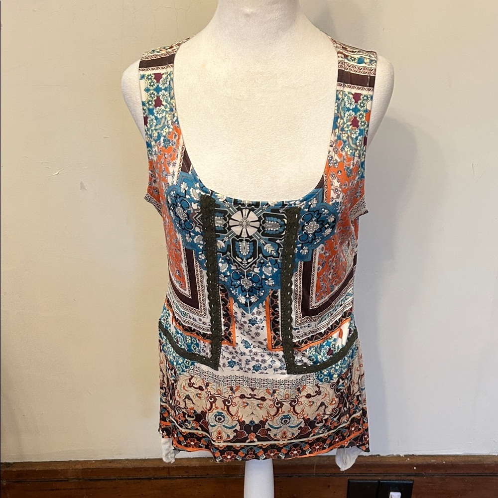 Live and Let Live Boho Printed Scoop Neck Brown Orange tank Size PL EUC